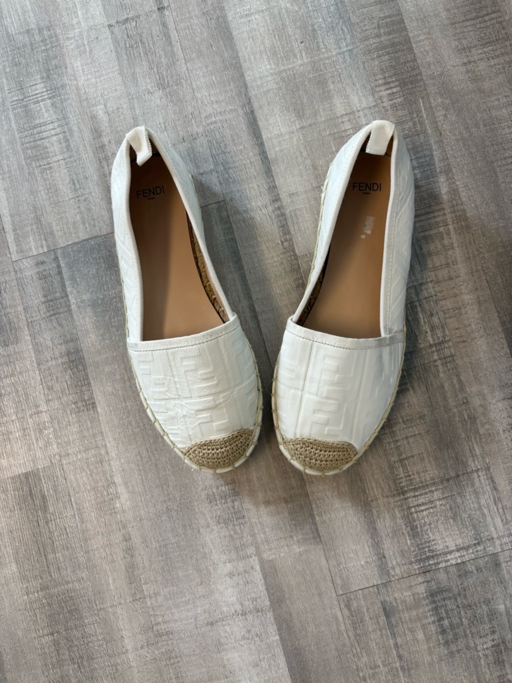 Authentic Fendi White Leather FF Logo Espadrilles Flats Size 41/9.5